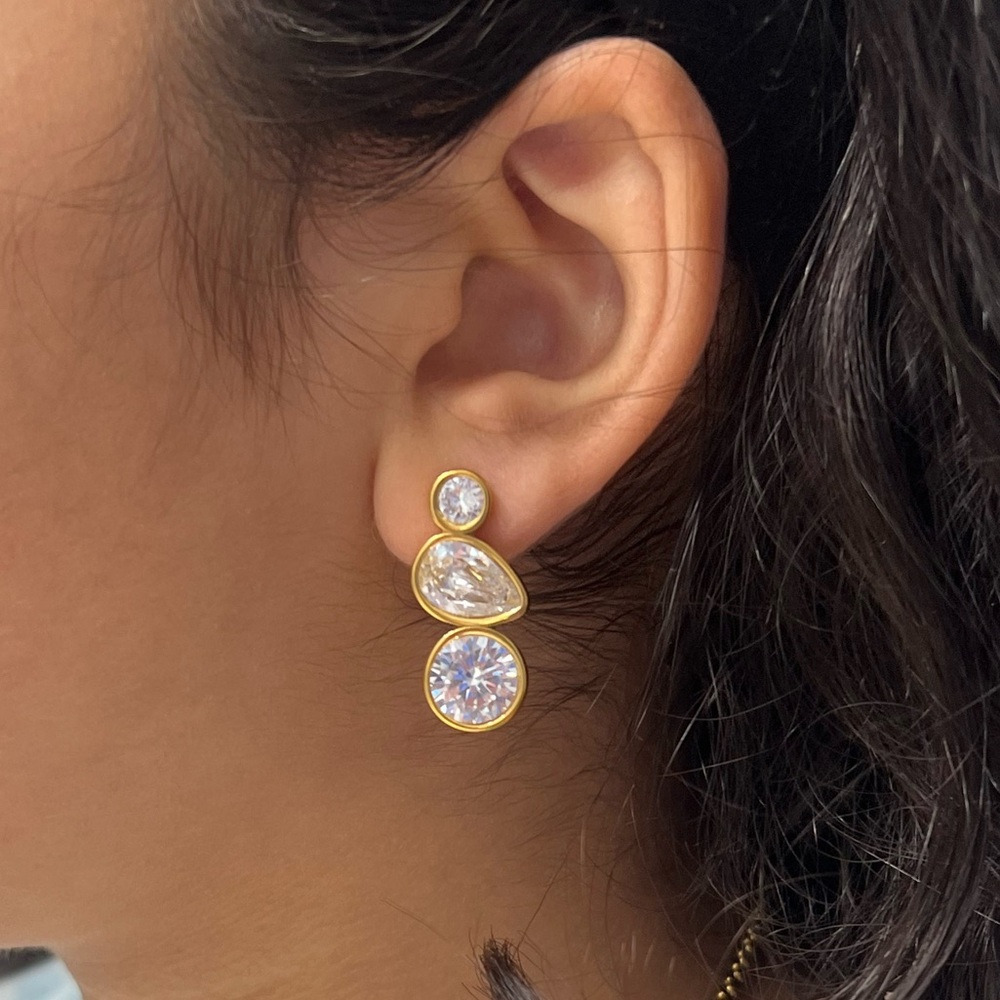 Elegant Gold and Silver Triple Stone Earrings